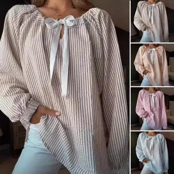 Женская рубашка с круглым вырезом, бантом, шнуровкой, длинным рукавом, полосатым принтом, свободный крой, для вечеринок, офиса, повседневной носки S светло-синий