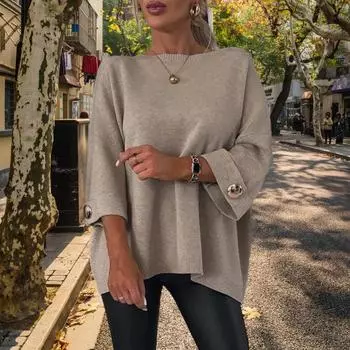 Женская рубашка с круглым вырезом, длинный рукав, повседневный свитер, куртка с яркими манжетами на пуговицах, свободный трикотажный топ для повседневной носки S верблюд