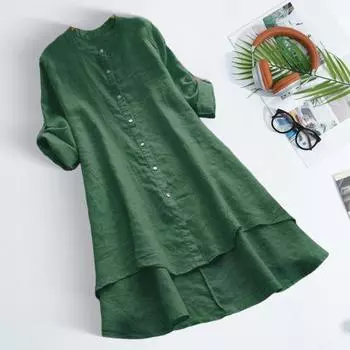 Женская рубашка с круглым вырезом, длинным рукавом, застежкой на пуговицы, однотонная рубашка с высоким и низким подолом, свободный крой, повседневная рубашка средней длины M абрикосовый