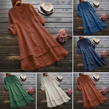 Женская рубашка с круглым вырезом, длинным рукавом, застежкой на пуговицы, однотонная рубашка с высоким и низким подолом, свободный крой, повседневная рубашка средней длины M абрикосовый