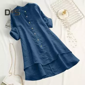 Женская рубашка с круглым вырезом, длинным рукавом, застежкой на пуговицы, однотонная рубашка с высоким и низким подолом, свободный крой, повседневная рубашка средней длины M зелёный