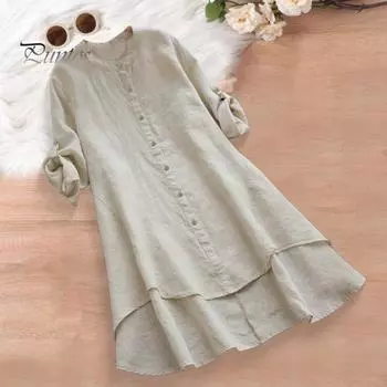 Женская рубашка с круглым вырезом, длинным рукавом, застежкой на пуговицы, однотонная рубашка с высоким и низким подолом, свободный крой, повседневная рубашка средней длины M зелёный