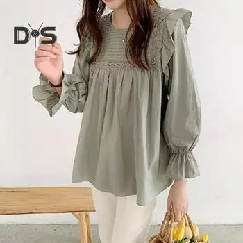 Женская рубашка с круглым вырезом и длинным рукавом-фонариком, пуловер, однотонный свободный крой, оборка, плиссированная блузка, повседневная одежда XL белый