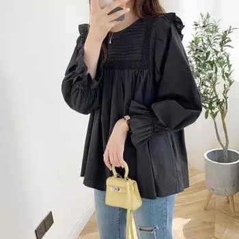 Женская рубашка с круглым вырезом и длинным рукавом-фонариком, однотонный свободный крой, отделка оборками, плиссировка M белый