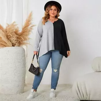 Женская рубашка с круглым вырезом и длинными рукавами, нерегулярная лоскутная свободная футболка-пуловер, повседневная дышащая легкая летняя рубашка плюс, топ для работы и отдыха XL чёрный