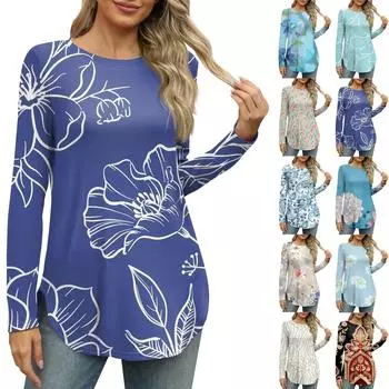 Женская рубашка с круглым вырезом и длинными рукавами, повседневный топ с цветочным принтом и разрезом по бокам, свободный топ S красный