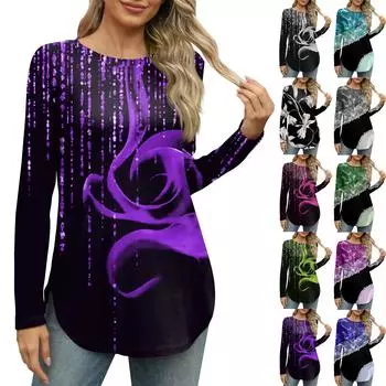 Женская рубашка с круглым вырезом и длинными рукавами, повседневный топ с цветочным принтом и разрезом по бокам, свободный топ XXL серый