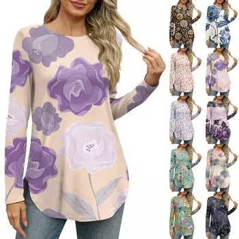 Женская рубашка с круглым вырезом и длинными рукавами, повседневный топ с цветочным принтом и разрезом по бокам, свободный топ M розовый