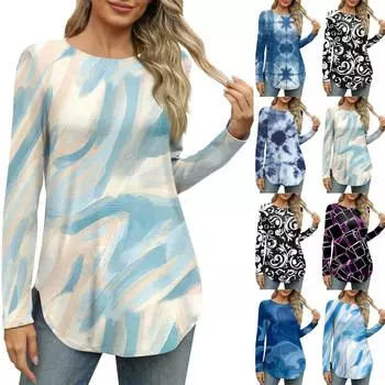 Женская рубашка с круглым вырезом и длинными рукавами, повседневный свободный топ с принтом с боковыми разрезами XXL чёрный