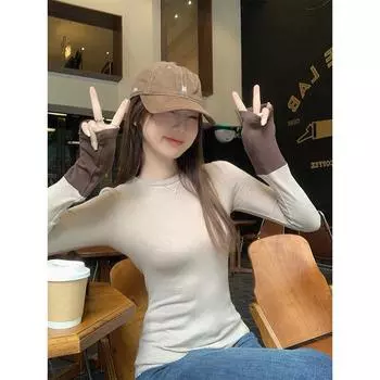 Женская рубашка с круглым вырезом и контрастной отделкой овсяной строчкой, сезон осень-зима 2024 года, с облегающей футболкой с длинными рукавами и мягким вощеным верхом S