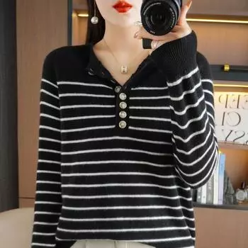 Женская рубашка с круглым вырезом и множеством пуговиц на осень и зиму, универсальный свитер, свободный полосатый теплый топ из бархата Andy, трикотажный фасон M