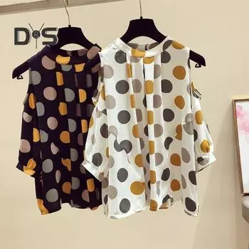 Женская рубашка с круглым вырезом и открытыми плечами, с коротким рукавом, топы с принтом в горошек, свободные тонкие повседневные пуловеры, женская рубашка для офиса, уличная одежда 3XL чёрный