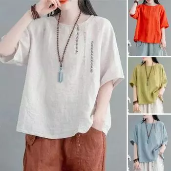 Женская рубашка с круглым вырезом и половиной рукава, свободная тонкая дышащая рубашка с вышивкой в стиле ретро, верхняя уличная одежда 2XL бежевый