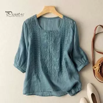 Женская рубашка с круглым вырезом и половиной рукава, блузка свободного покроя, однотонная рубашка с вышивкой и кружевом с цветочным узором, рубашка в стиле ретро, уличная одежда M хаки