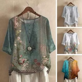 Женская рубашка с круглым вырезом и пуговицами, с коротким рукавом, тонкая 3D вырезка, летняя рубашка в стиле ретро с цветочным принтом, топ, уличная одежда 3XL коричневый