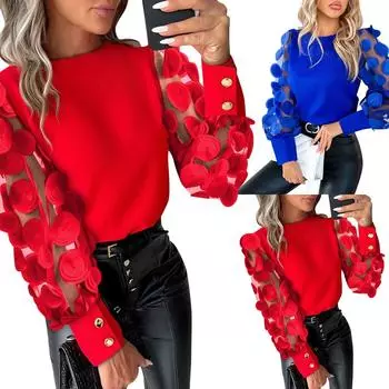 Женская рубашка с круглым вырезом и рукавами-лепестками L синий