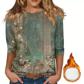 Женская рубашка с круглым вырезом и рукавом 3/4, симпатичный принт, верхняя одежда L армия зеленый