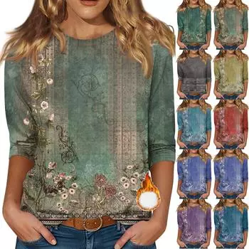 Женская рубашка с круглым вырезом и рукавом 3/4, симпатичный принт, верхняя одежда XXL