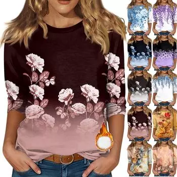 Женская рубашка с круглым вырезом и рукавом 3/4, симпатичный принт, верхняя одежда L бежевый