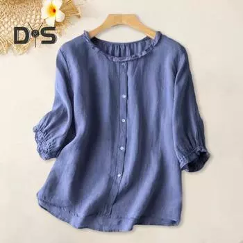 Женская рубашка с круглым вырезом, рубашка с рукавом три четверти, топы, однотонная блузка с рюшами и пуговицами, декор свободного кроя XL синий