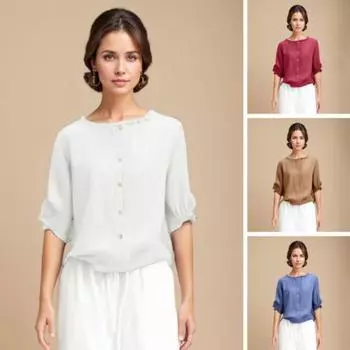 Женская рубашка с круглым вырезом, рубашка с рукавом три четверти, топы, однотонная блузка с рюшами и пуговицами, декор свободного кроя M хаки