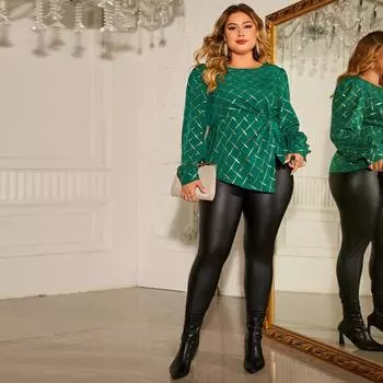 Женская рубашка с круглым вырезом в полоску и принтом, нерегулярная рубашка с длинным рукавом и рюшами с высокой талией, свободная повседневная рубашка-пуловер, легкая дышащая рубашка для поездок на работу плюс XL зелёный