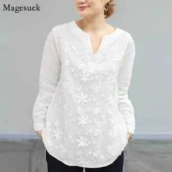 Женская рубашка с кружевной вышивкой и цветами, винтажные свободные женские блузки с длинными рукавами, женские топы, элегантные рубашки с v-образным вырезом Faahion 20450 S белый