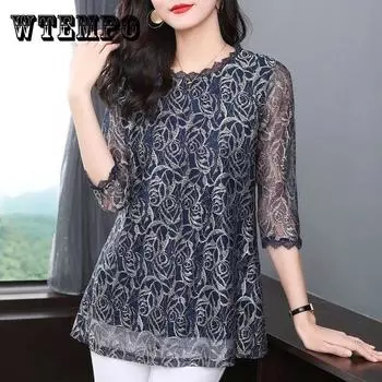 Женская рубашка с кружевным низом и рукавом три четверти, женская рубашка средней длины со средними рукавами, большой размер, полый свободный сетчатый топ M темно-синий