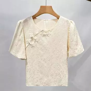 Женская рубашка с кружевом и пуговицами в китайском стиле, новая женская рубашка с круглым вырезом и рукавами-фонариками, модная рубашка, новый топ в китайском стиле S