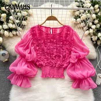 Женская рубашка с кружевом Wooden Ear и рукавами-фонариками, короткая блузка с завышенной талией One size белый