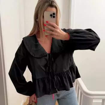 Женская рубашка с кукольным воротником, пышная рубашка на шнуровке с длинными рукавами, топы, однотонная рубашка с рюшами на подоле, свободная рубашка уличной одежды M красный