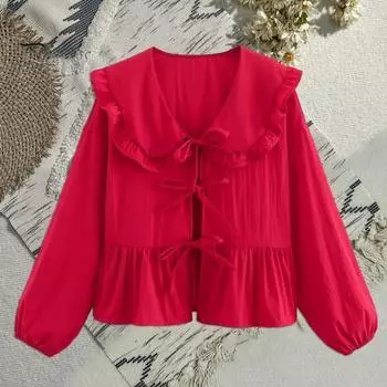 Женская рубашка с кукольным воротником, пышная рубашка на шнуровке с длинными рукавами, топы, однотонная рубашка с рюшами на подоле, свободная рубашка уличной одежды M красный