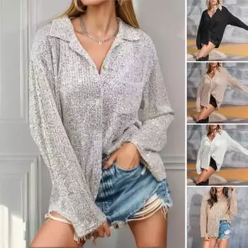 Женская рубашка с лацканами, длинный рукав, блестящая, сверкающая, однотонная, свободная, однобортная, повседневная рубашка S белый
