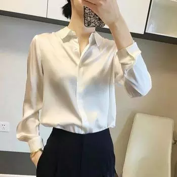 Женская рубашка с лацканами, длинный рукав, блестящая ткань, официальная рубашка, застежка на пуговицы, однотонная гладкая деловая рубашка для свиданий 2XL чёрный