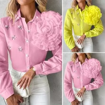 Женская рубашка с лацканами, длинный рукав, однобортная рубашка, трехмерные топы, однотонная рубашка с цветочным декором и стразами S жёлтый
