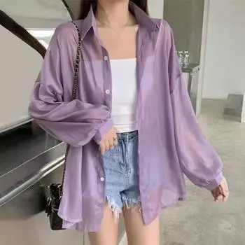 Женская рубашка с лацканами, длинный рукав, однобортная рубашка, однотонная, свободный крой, прозрачная, глянцевая ткань, солнцезащитный крем, тонкая рубашка чёрный