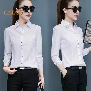 Женская рубашка с лацканами, длинный рукав, однотонная однобортная рубашка, топы, офисная женская рубашка, повседневная одежда для работы XXXL белый