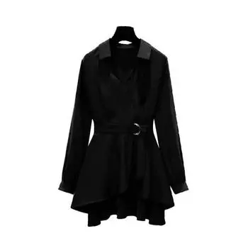 Женская рубашка с лацканами, длинный рукав, узкий пояс, пуловер, топы, однотонные M чёрный