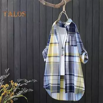 Женская рубашка с лацканами, длинным рукавом, цветной клетчатый принт, рубашка с карманом, свободный крой, однобортная рубашка средней длины S зелёный