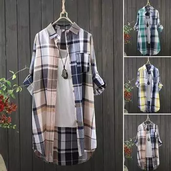 Женская рубашка с лацканами, длинным рукавом, цветной клетчатый принт, рубашка с карманом, свободный крой, однобортная рубашка средней длины S жёлтый