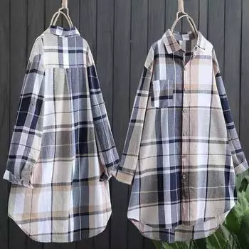 Женская рубашка с лацканами, длинным рукавом, цветной клетчатый принт, рубашка с карманом, свободный крой, однобортная рубашка средней длины S жёлтый