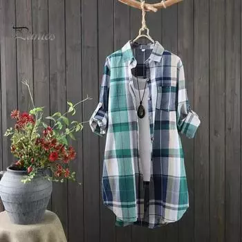 Женская рубашка с лацканами, длинным рукавом, цветной клетчатый принт, рубашка с карманом, свободный крой, однобортная рубашка средней длины S жёлтый