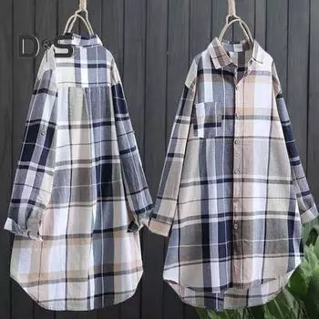 Женская рубашка с лацканами, длинным рукавом, цветной клетчатый принт, рубашка с карманом, свободный крой, однобортная рубашка средней длины S жёлтый