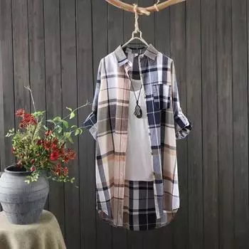 Женская рубашка с лацканами, длинным рукавом, цветной клетчатый принт, рубашка с карманом, свободный крой, однобортная рубашка средней длины S хаки