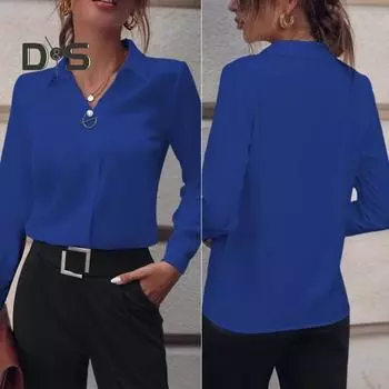 Женская рубашка с лацканами, длинным рукавом, декорированная искусственным жемчугом, рубашка стандартного кроя, однотонная, простая, легкая блузка XL небесно-голубой