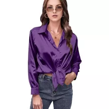 Женская рубашка с лацканами, длинным рукавом, из гладкого атласа, топы, однотонная, свободного кроя, повседневная рубашка, рубашка офисной леди, для повседневной носки S