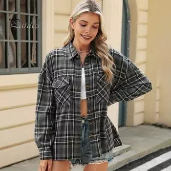 Женская рубашка с лацканами, длинным рукавом, карманами-клапанами, повседневная рубашка, однобортная, стиль для поездок на работу, свободная рубашка, пальто, повседневная одежда S серый