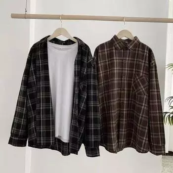 Женская рубашка с лацканами, длинным рукавом, клетчатым принтом, рубашка с карманами, однобортная рубашка свободного кроя, повседневная одежда M коричневый