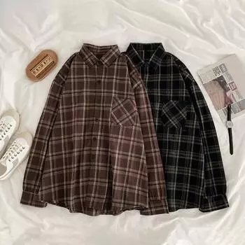 Женская рубашка с лацканами, длинным рукавом, клетчатым принтом, рубашка с карманами, однобортная рубашка свободного кроя, повседневная одежда M коричневый