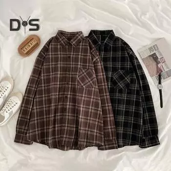Женская рубашка с лацканами, длинным рукавом, клетчатым принтом, рубашка с карманами, однобортная рубашка свободного кроя, повседневная одежда XL коричневый